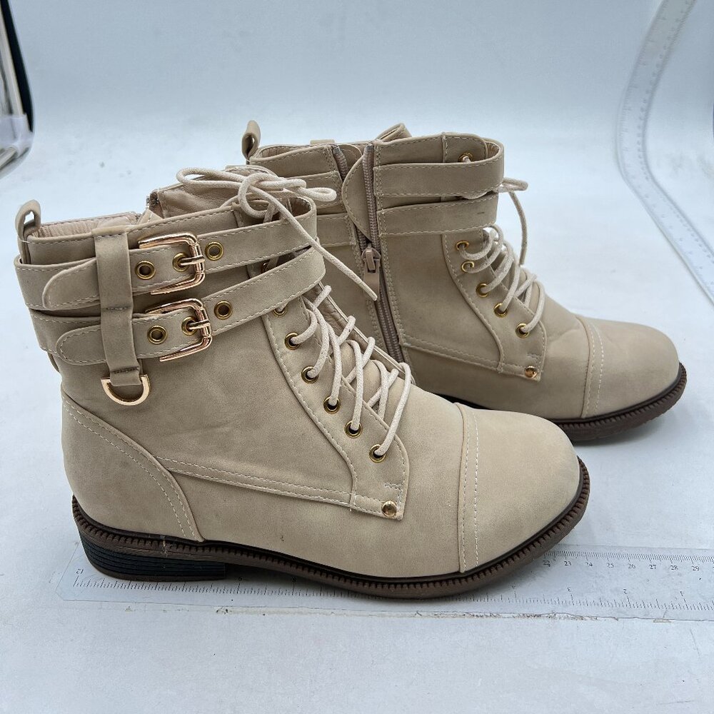 Women's Combat Boots Lace up Buckle Straps Ankle Boots Side Zipper Nude Suede